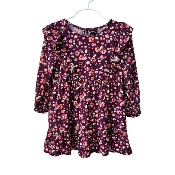 🐞3/$22 Art Class Dress Girls 2T Burgundy Floral Long Sleeve Ruffle Hem Smocked - Picture 1 of 7
